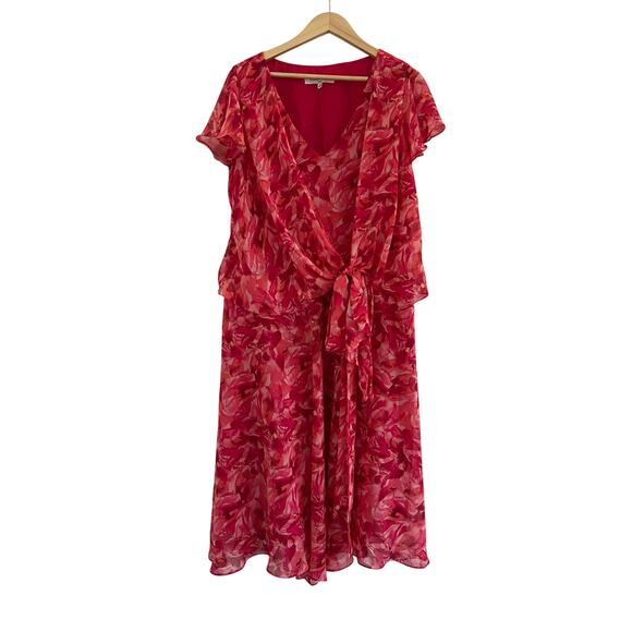 Evan Picone Floral Front Tie Midi Dress Womens Size 16 Pink Event Romantic - Picture 1 of 16